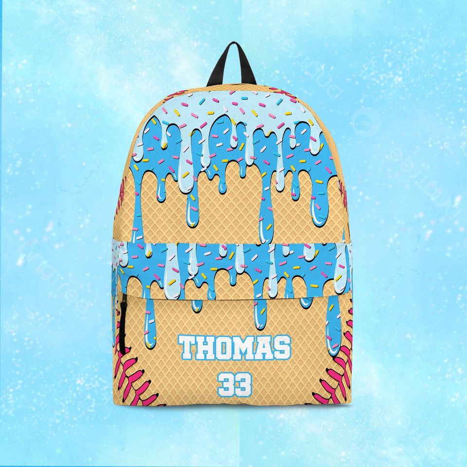 Custom Name Back to School Backpack, Gift for Kid Back to School, Ice Cream Drip Baseball Style Backpack