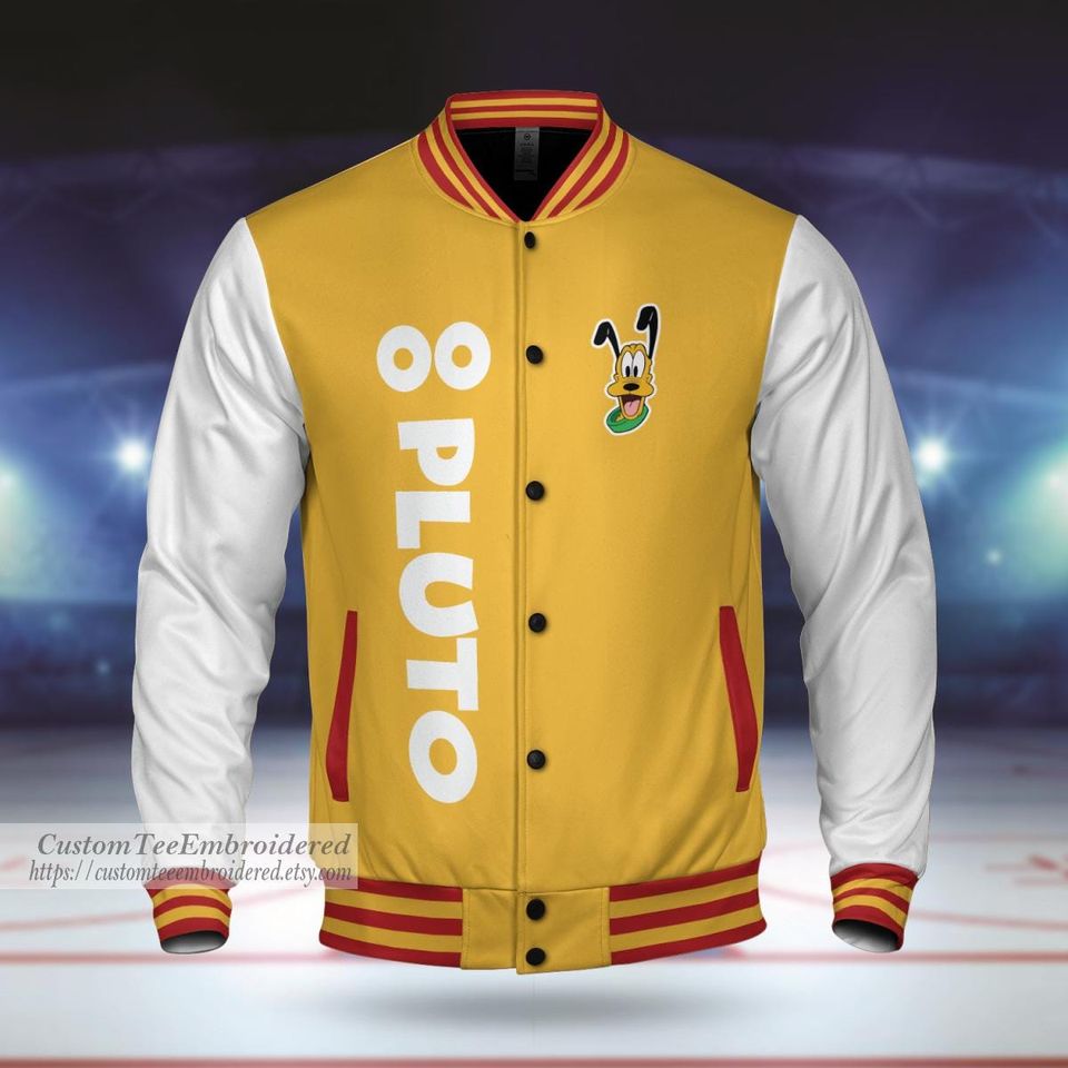 Custom Pluto Varsity Jacket, Disney Character Baseball Outfit, Personalized Teamwear