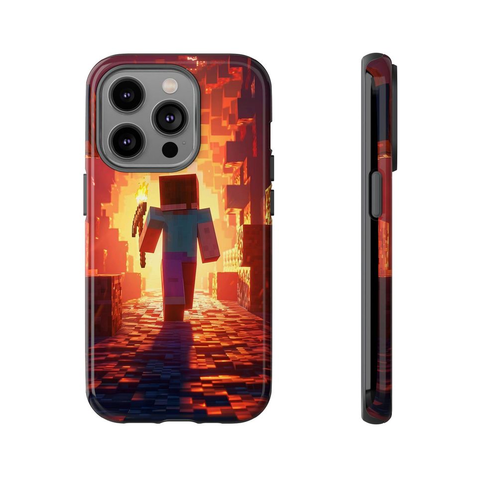 Pixel Mining iPhone Tough Case Inspired by Minecraft Blocks