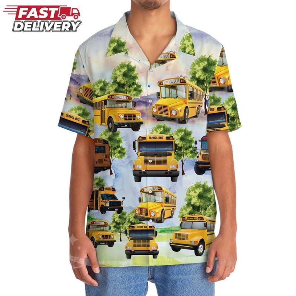 School Bus Hawaiian Shirt for Men  Fun Bus Driver Shirt Gift, Tropical Floral Print for Male Drivers, Casual Uniform for Summer Days