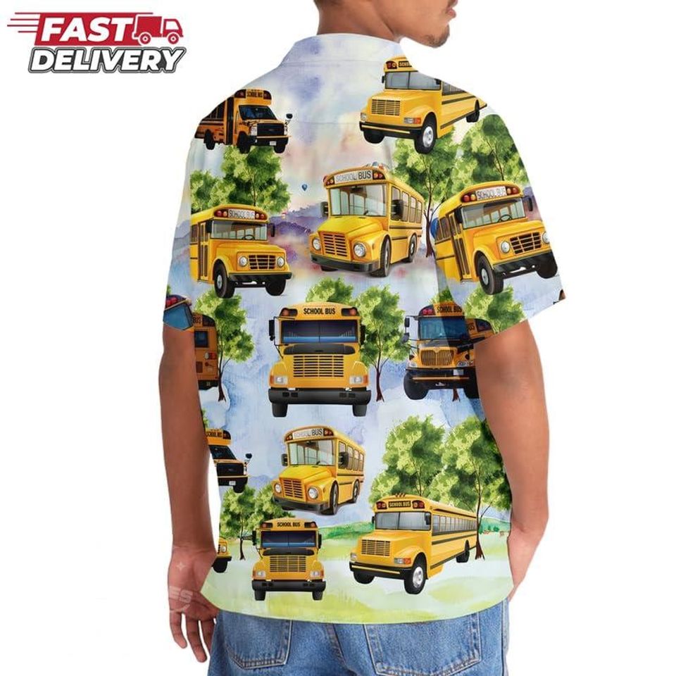 School Bus Hawaiian Shirt for Men  Fun Bus Driver Shirt Gift, Tropical Floral Print for Male Drivers, Casual Uniform for Summer Days