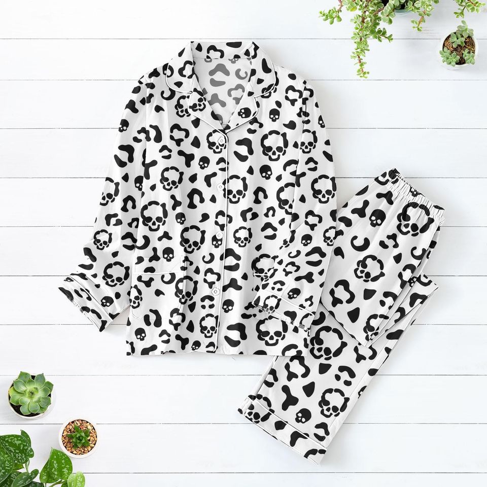 Funny Skeleton Skull Pajamas Set, Spooky Halloween Pajamas For Her, Cute Bone