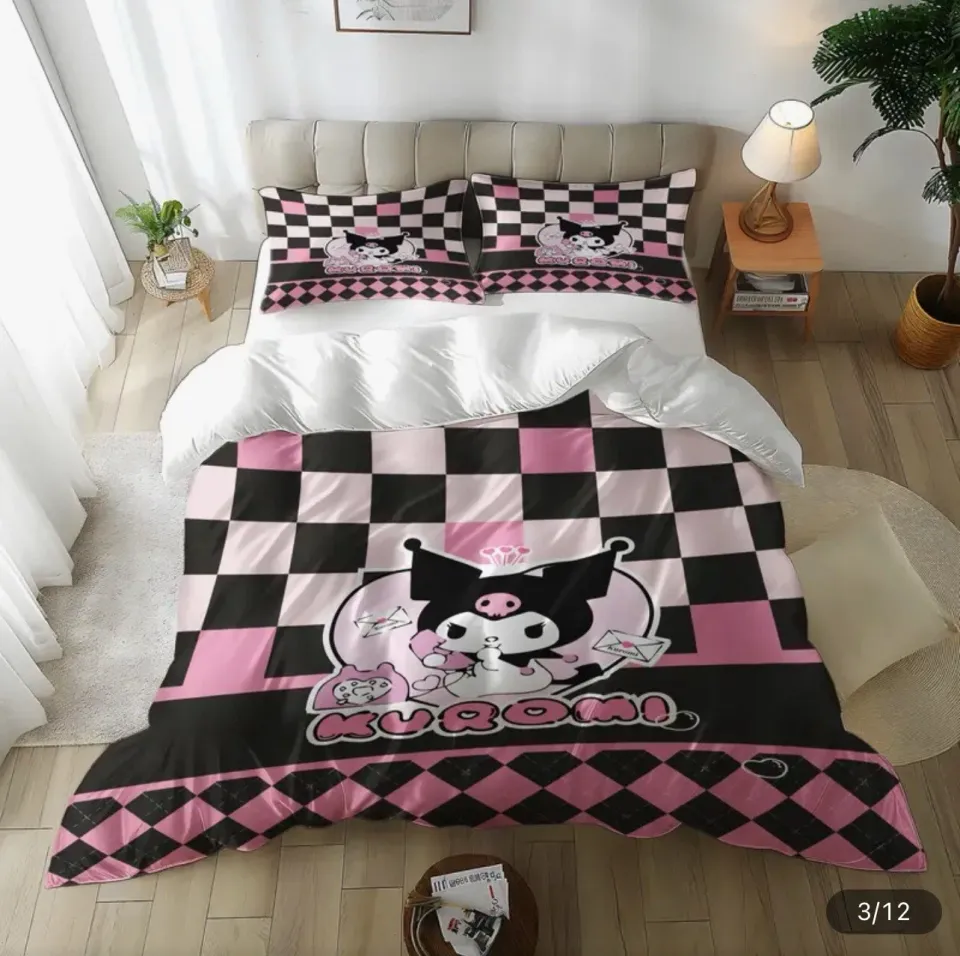Kuromi Bedding Set Pink and Black Sanrio Double Duvet Cover with Pillowcases