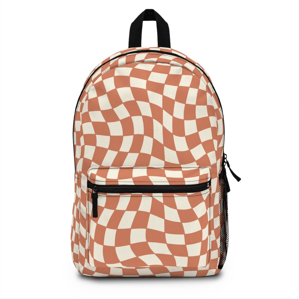 Retro Wavy Orange and Cream Checkered Backpack