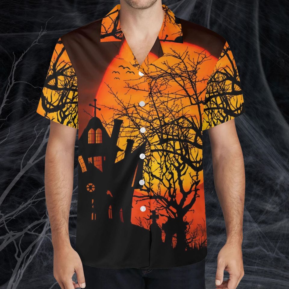 Men's All Over Print Orange and Black Haunted House