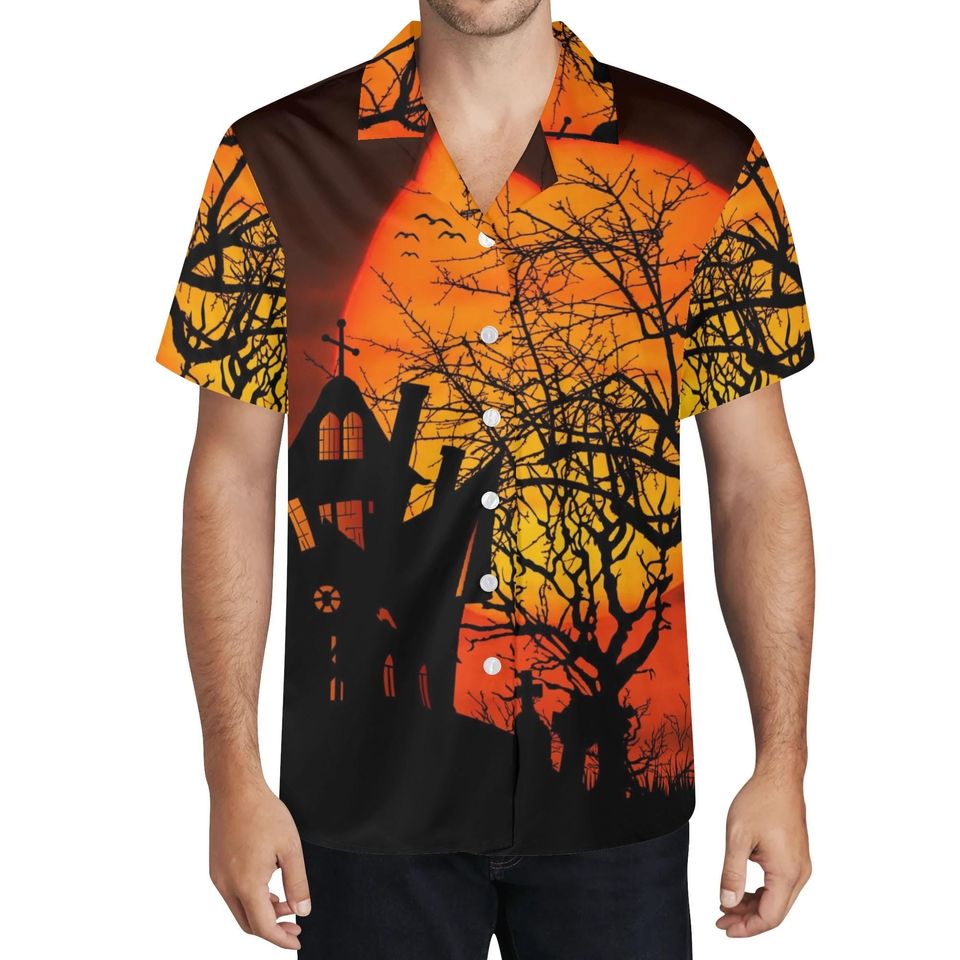 Men's All Over Print Orange and Black Haunted House