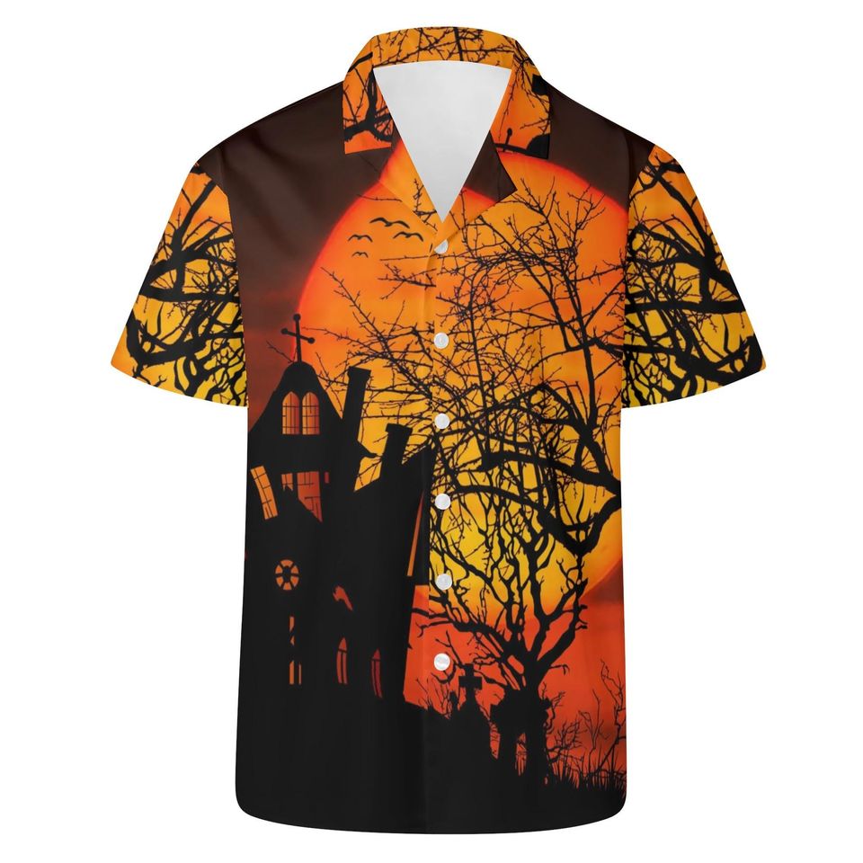 Men's All Over Print Orange and Black Haunted House