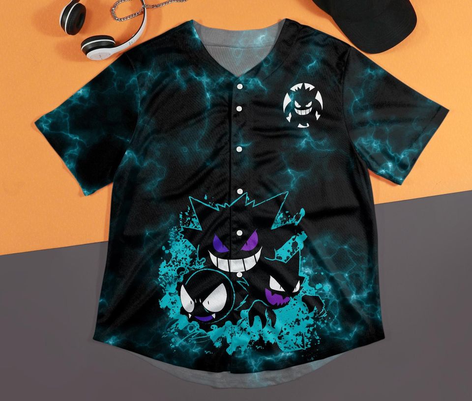 Gengar Baseball Jersey Anime Ghost Button-Up Spooky Gift Purple Shadow