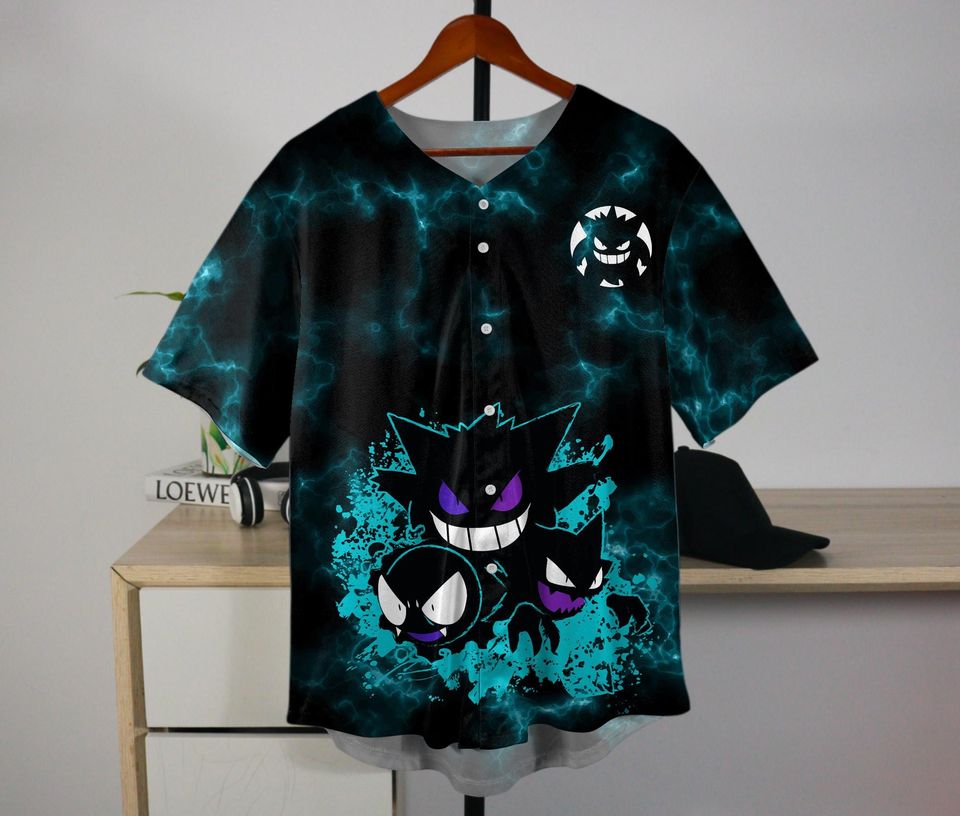 Gengar Baseball Jersey Anime Ghost Button-Up Spooky Gift Purple Shadow
