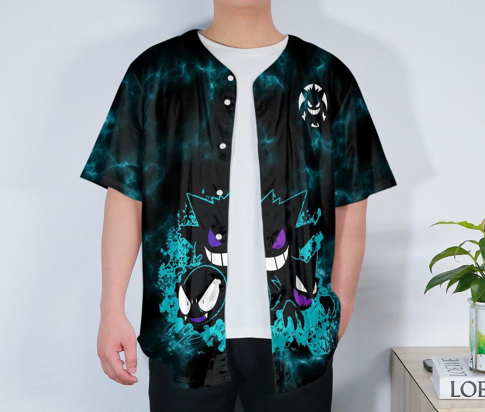 Gengar Baseball Jersey Anime Ghost Button-Up Spooky Gift Purple Shadow