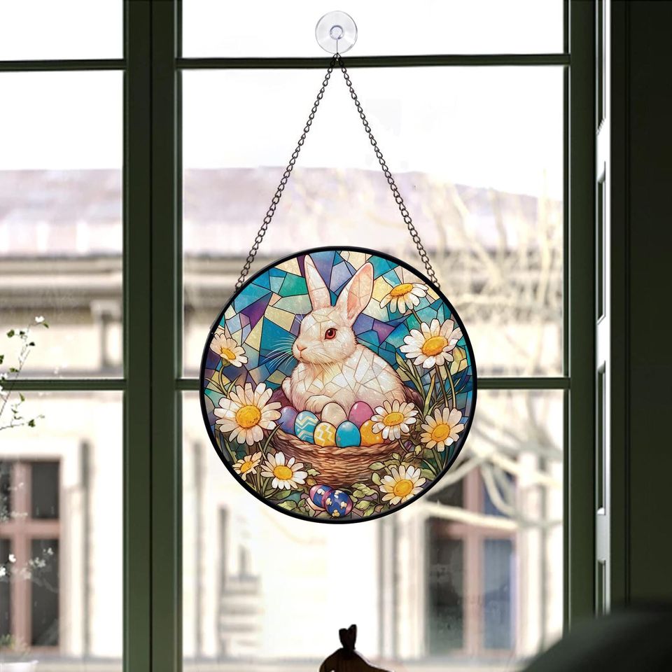 Easter Bunny Eggs Suncatcher, Stained Glass Easter Decor