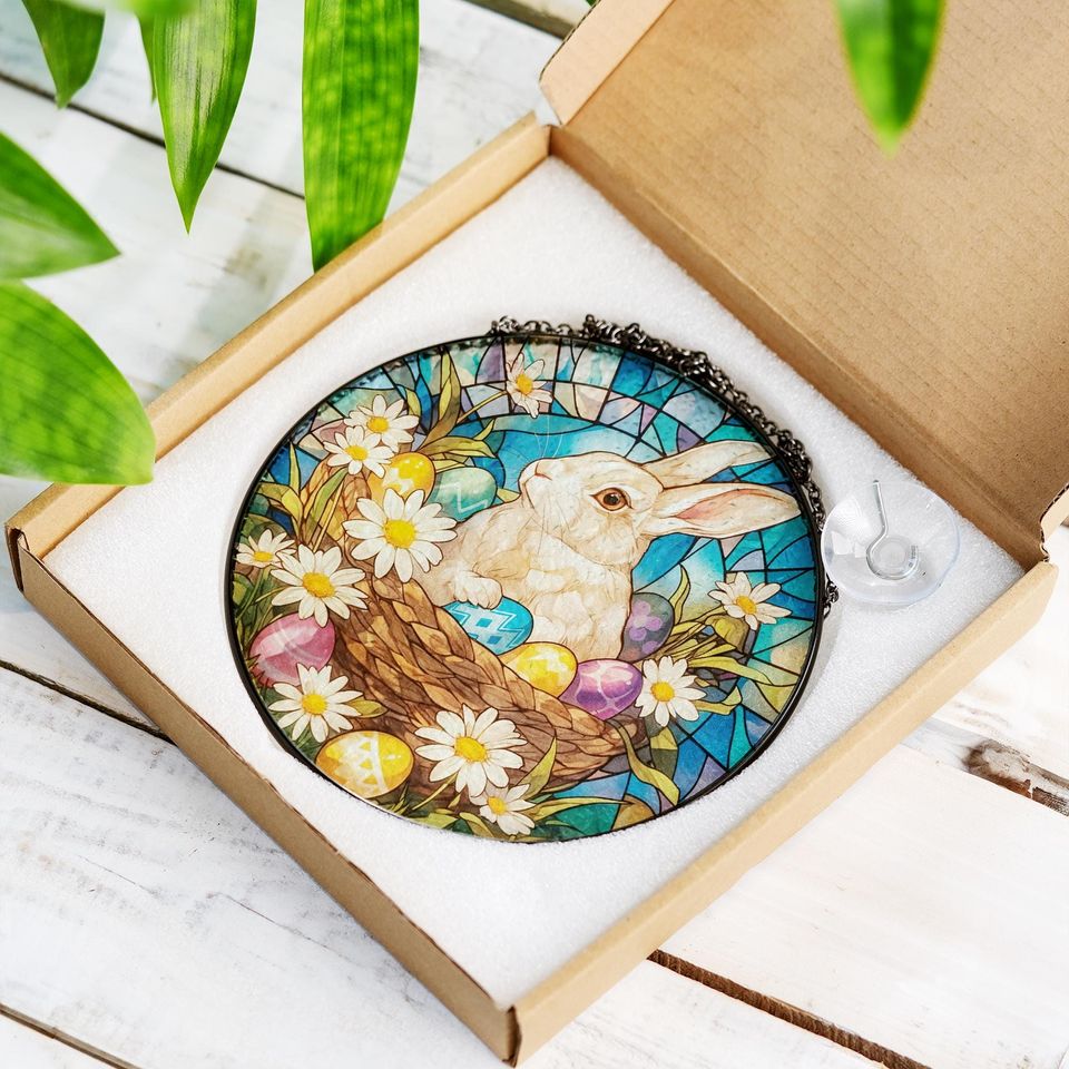 Easter Bunny Eggs Suncatcher, Stained Glass Easter Decor