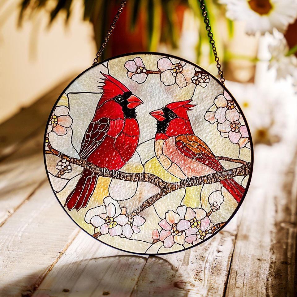 Red Cardinal Stained Glass Suncatcher, Cardinal Bird Lover Gift
