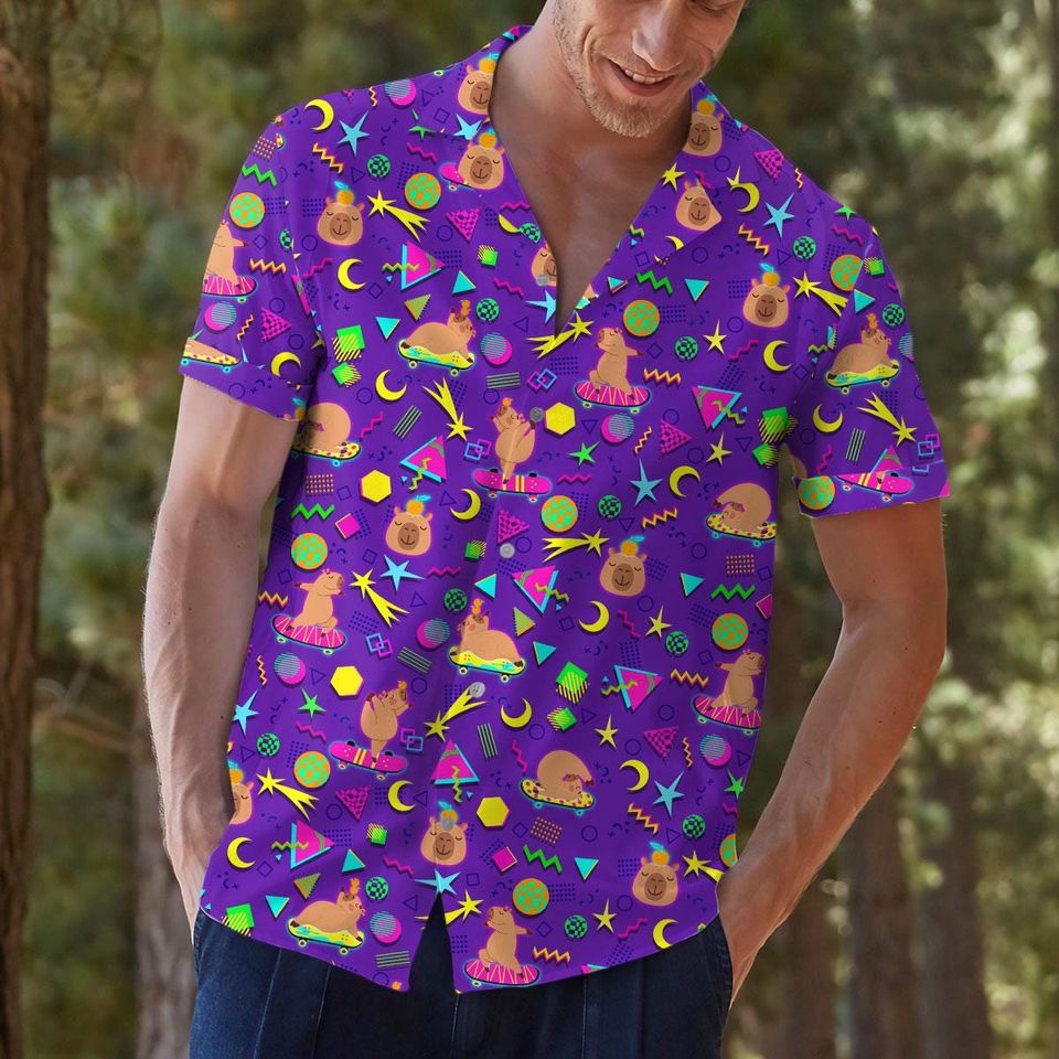 Capybara Skateboarding Hawaiian Shirt, Funny Capybara Button Down Shirt
