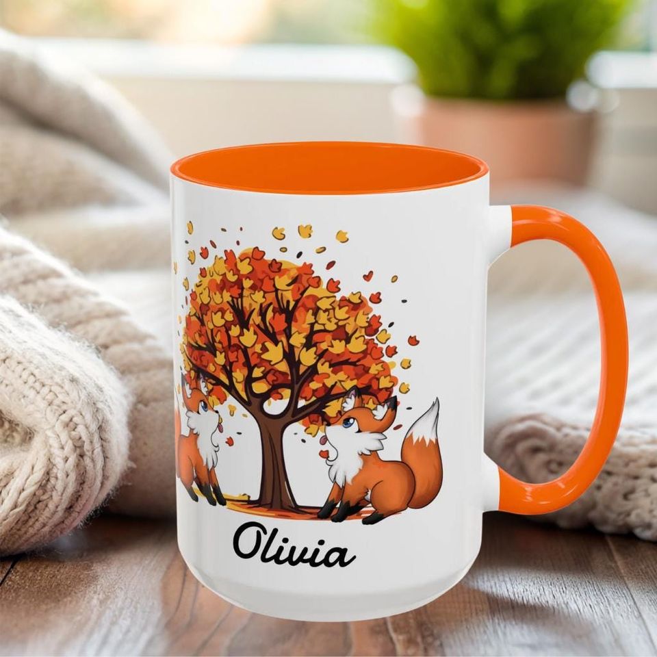 Autumn Fox Coffee Mug, Personalized Fall Mug, Cute Animal Mug, Gift for Nature Lovers