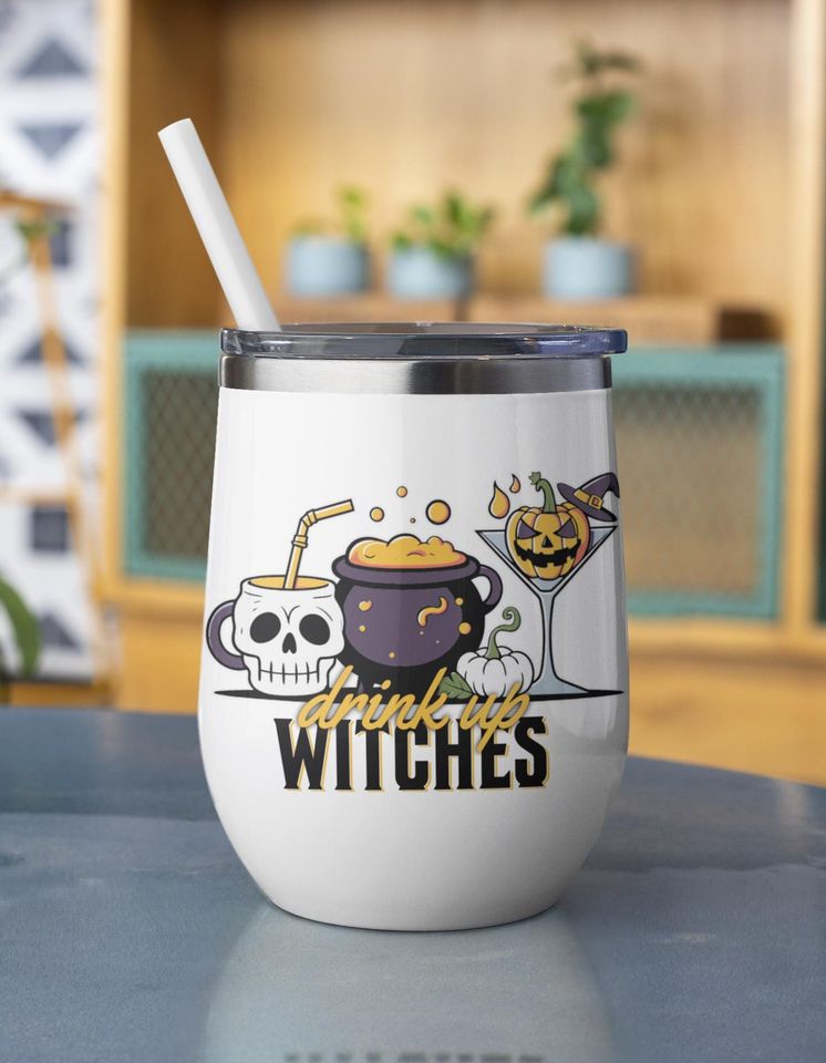Drink Up Witches Halloween Wine Tumbler, Fall Wine steel Cup, Halloween Drinkware cute