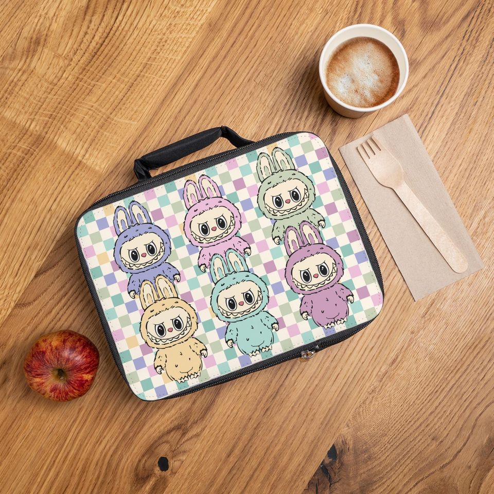 Checkered Labubu Themed Lunch Bag with Handle, Labubu Lunch Bag, Labubu Gift