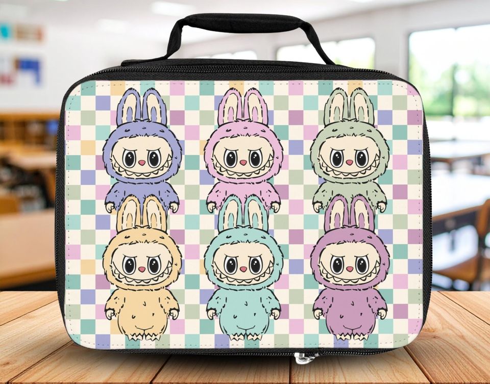 Checkered Labubu Themed Lunch Bag with Handle, Labubu Lunch Bag, Labubu Gift