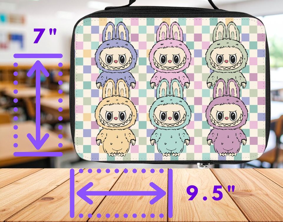 Checkered Labubu Themed Lunch Bag with Handle, Labubu Lunch Bag, Labubu Gift