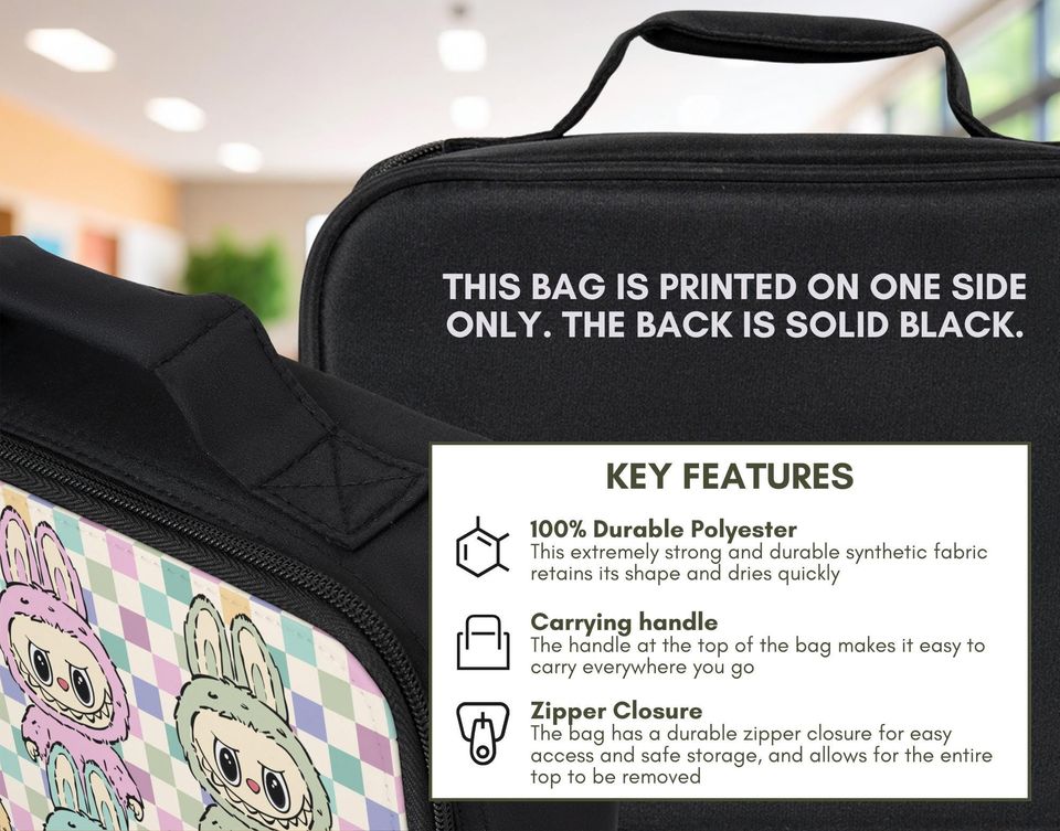 Checkered Labubu Themed Lunch Bag with Handle, Labubu Lunch Bag, Labubu Gift