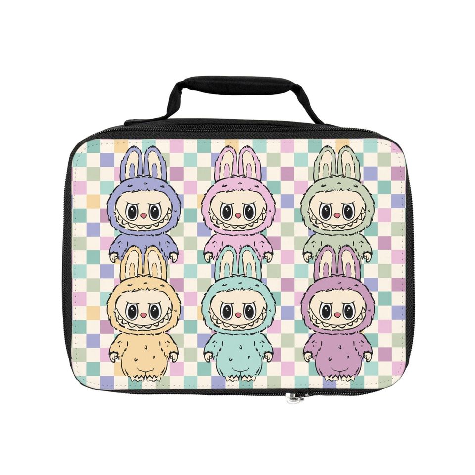 Checkered Labubu Themed Lunch Bag with Handle, Labubu Lunch Bag, Labubu Gift