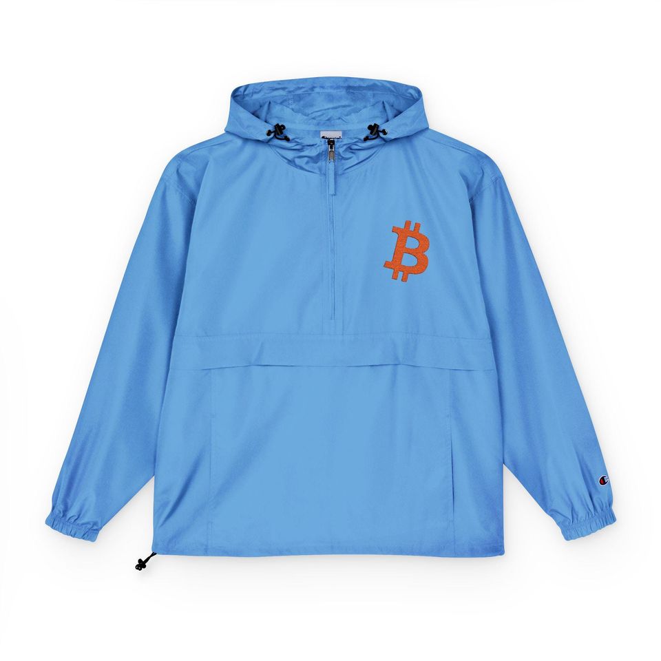 Bitcoin Champion Packable Anorak Jacket, Lightweight Rain Jacket, Bitcoin Themed Windbreaker, BTC Cryptocurrency Jacket, Bitcoin Merch