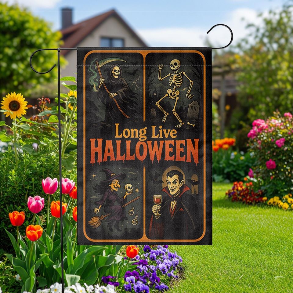 Long Live Halloween Garden Flag  Grim Reaper Skeleton Witch Vampire Retro Yard Decor