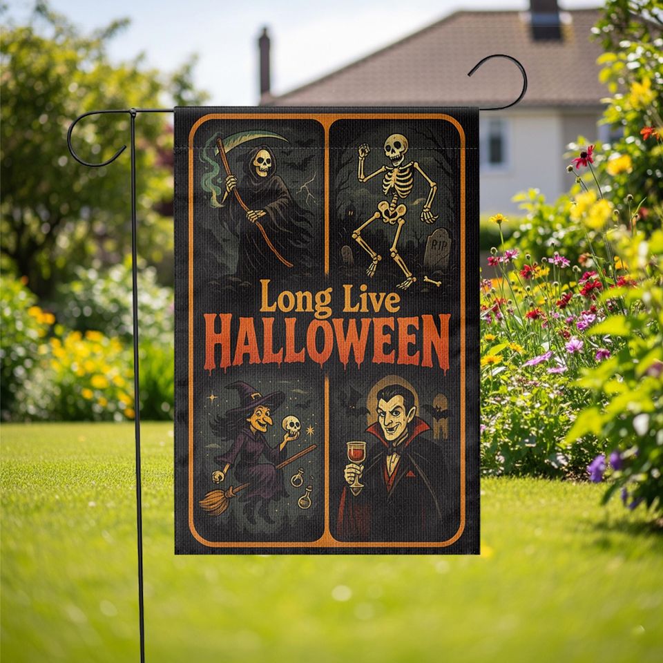 Long Live Halloween Garden Flag  Grim Reaper Skeleton Witch Vampire Retro Yard Decor