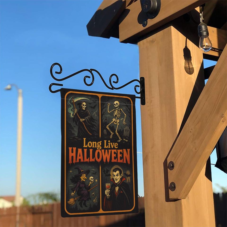 Long Live Halloween Garden Flag  Grim Reaper Skeleton Witch Vampire Retro Yard Decor