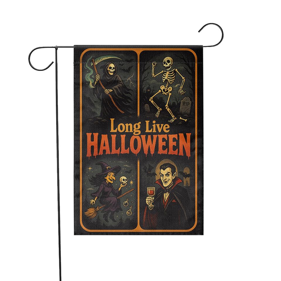 Long Live Halloween Garden Flag  Grim Reaper Skeleton Witch Vampire Retro Yard Decor