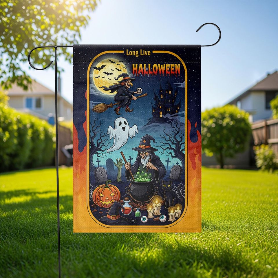 Long Live Halloween Garden Flag  Witch Cauldron Ghost Cat Spooky Graveyard Yard Decor