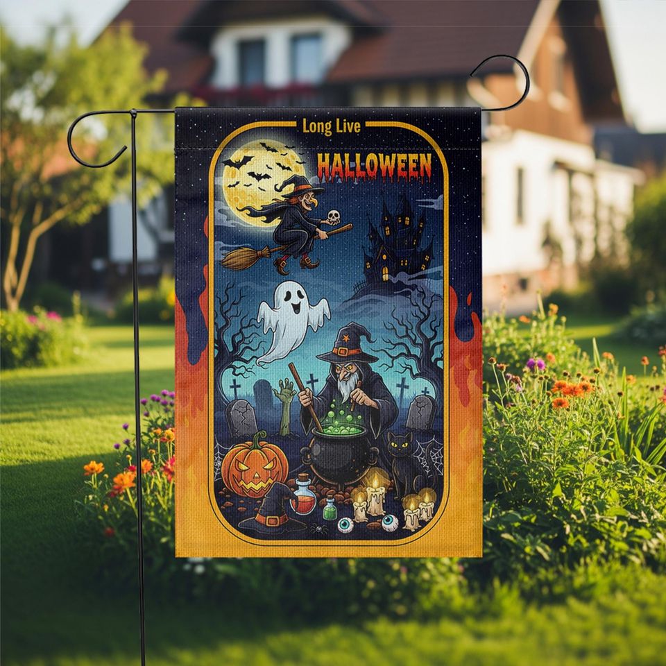 Long Live Halloween Garden Flag  Witch Cauldron Ghost Cat Spooky Graveyard Yard Decor
