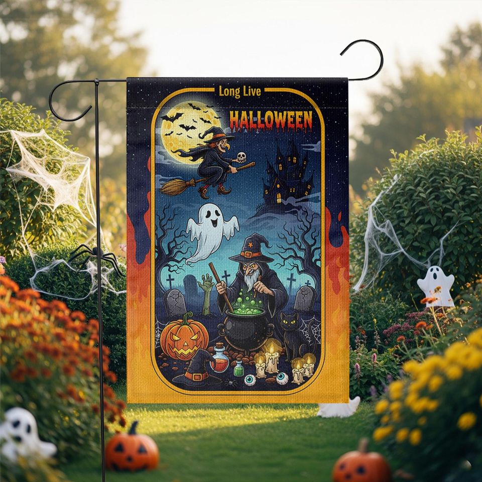 Long Live Halloween Garden Flag  Witch Cauldron Ghost Cat Spooky Graveyard Yard Decor