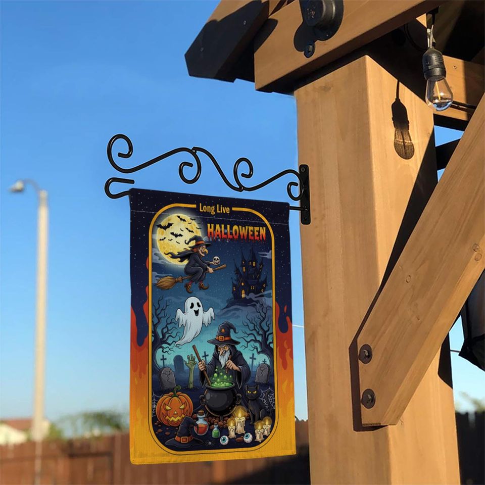 Long Live Halloween Garden Flag  Witch Cauldron Ghost Cat Spooky Graveyard Yard Decor