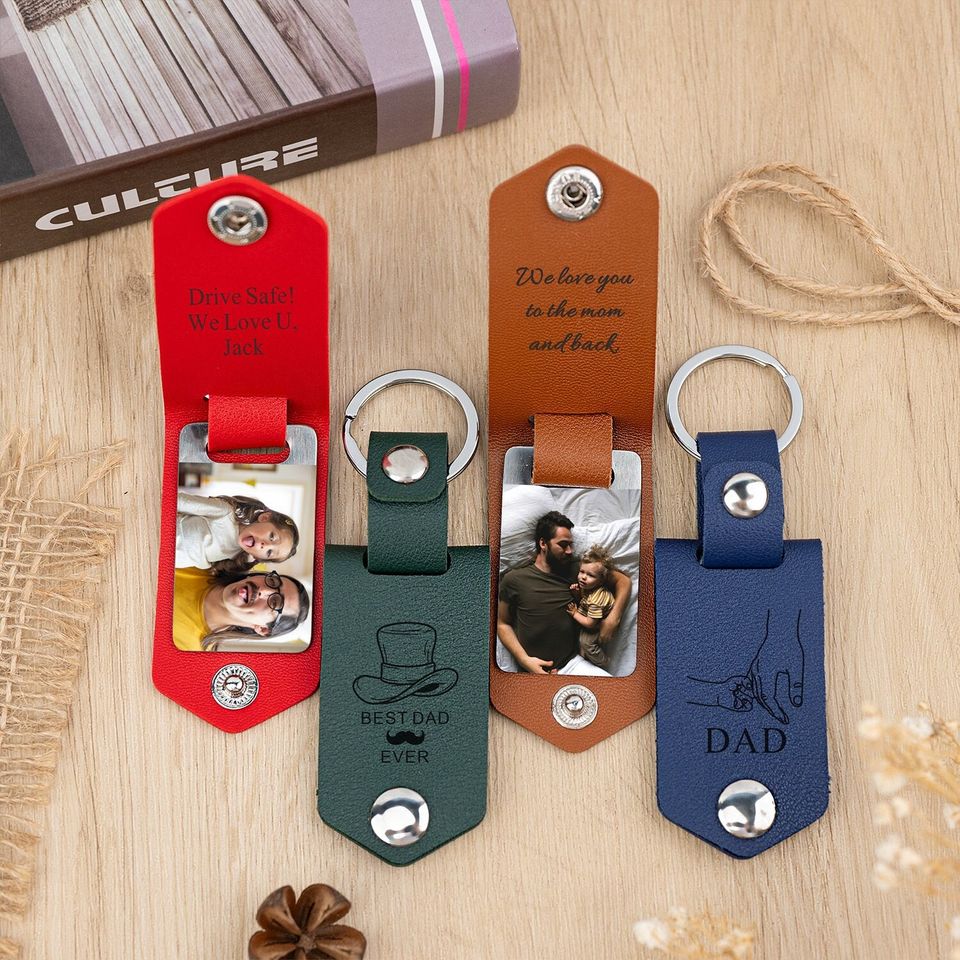 Personalized Photos and Text Keychain, Custom Leather Keyring for Him, Anniversary Gift
