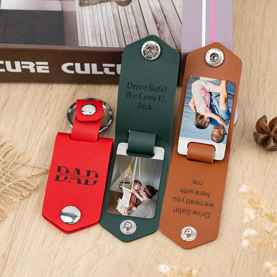 Personalized Photos and Text Keychain, Custom Leather Keyring for Him, Anniversary Gift