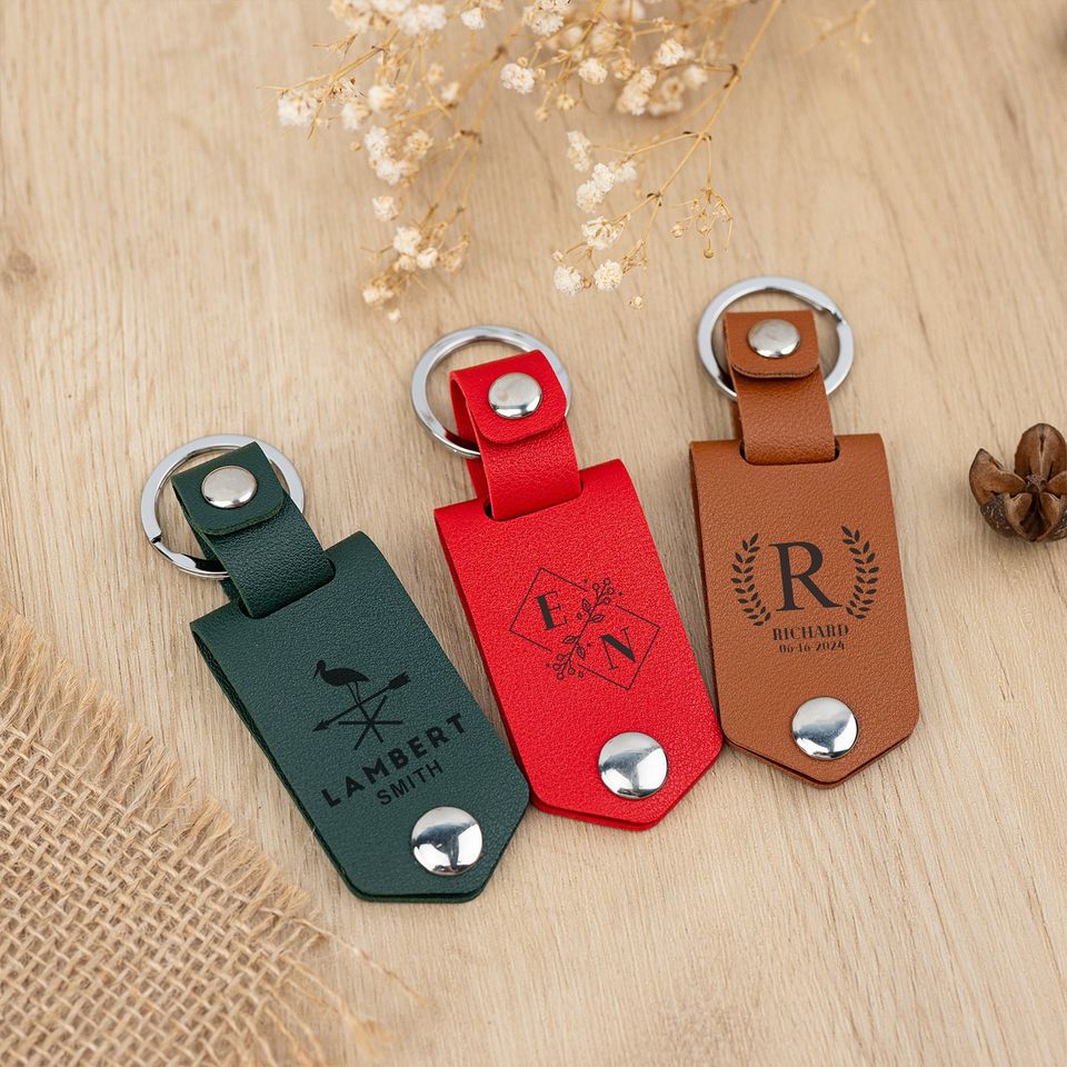 Personalized Photos and Text Keychain, Custom Leather Keyring for Him, Anniversary Gift