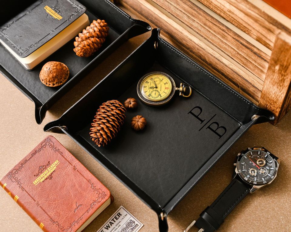 Personalized leather trays, custom engraved leather storage trays, groomsmen gift trays