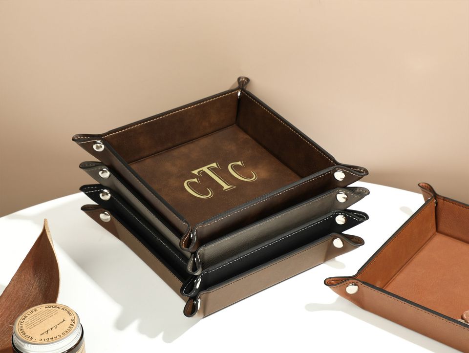 Personalized Leather Valet Tray, Small leather trinket trays, Foldable Leather Valet Tray