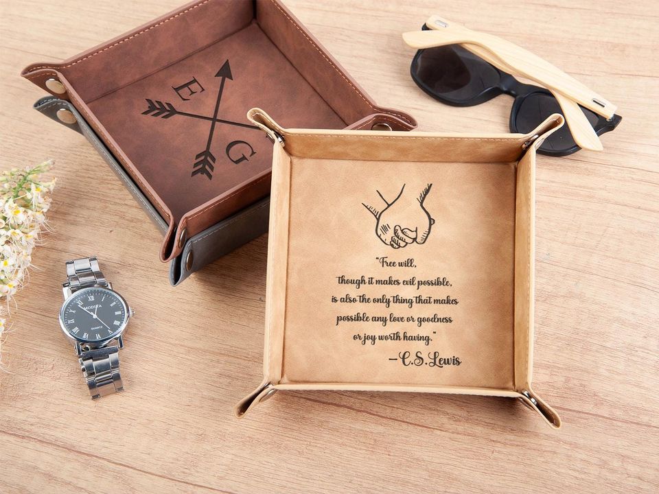 Initial Engraved Valet Tray Gift for Dad, Personalized Leather Catchall for Men