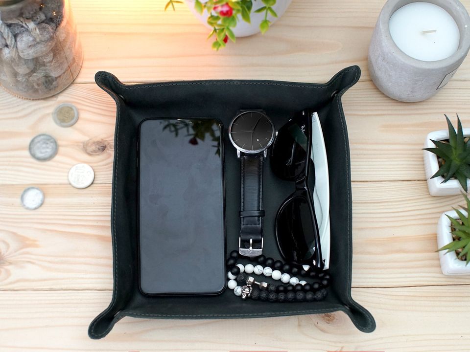 Leather Valet Tray, Personalized Leather Catchall, Custom Leather Organizer