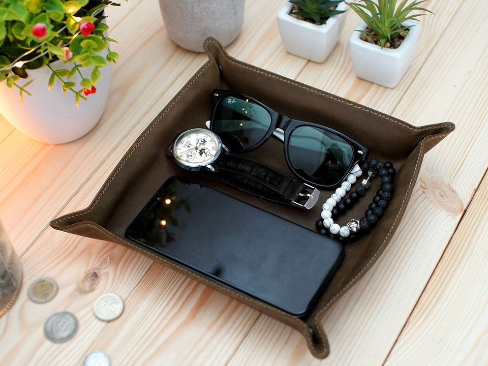 Leather Valet Tray, Personalized Leather Catchall, Custom Leather Organizer