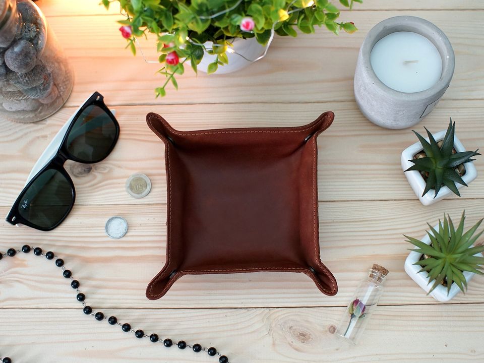 Leather Valet Tray, Personalized Leather Catchall, Custom Leather Organizer