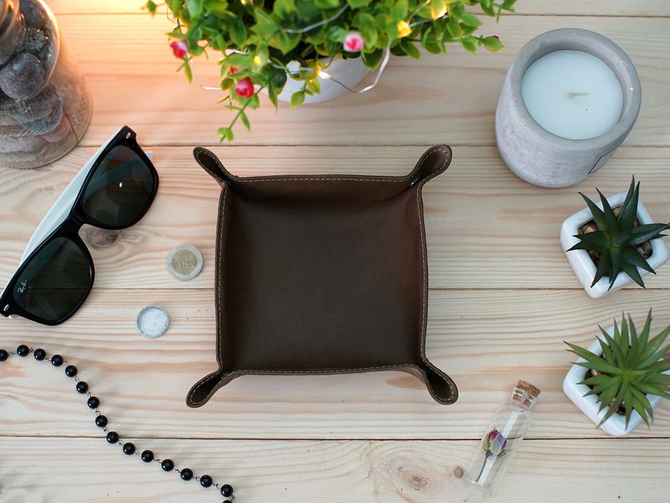 Leather Valet Tray, Personalized Leather Catchall, Custom Leather Organizer