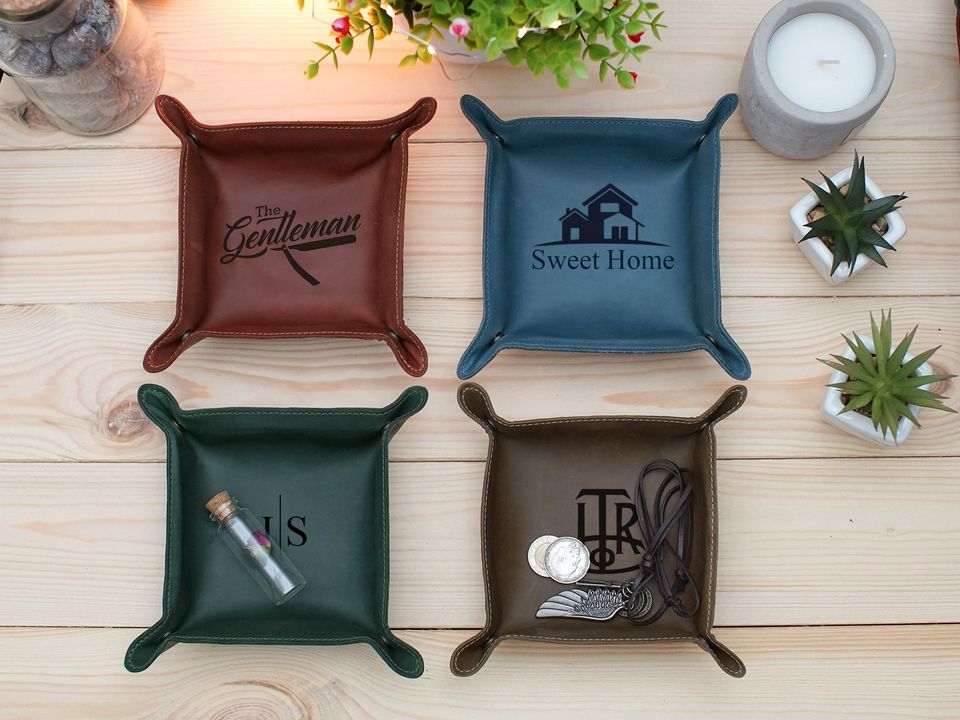 Leather Valet Tray, Personalized Leather Catchall, Custom Leather Organizer