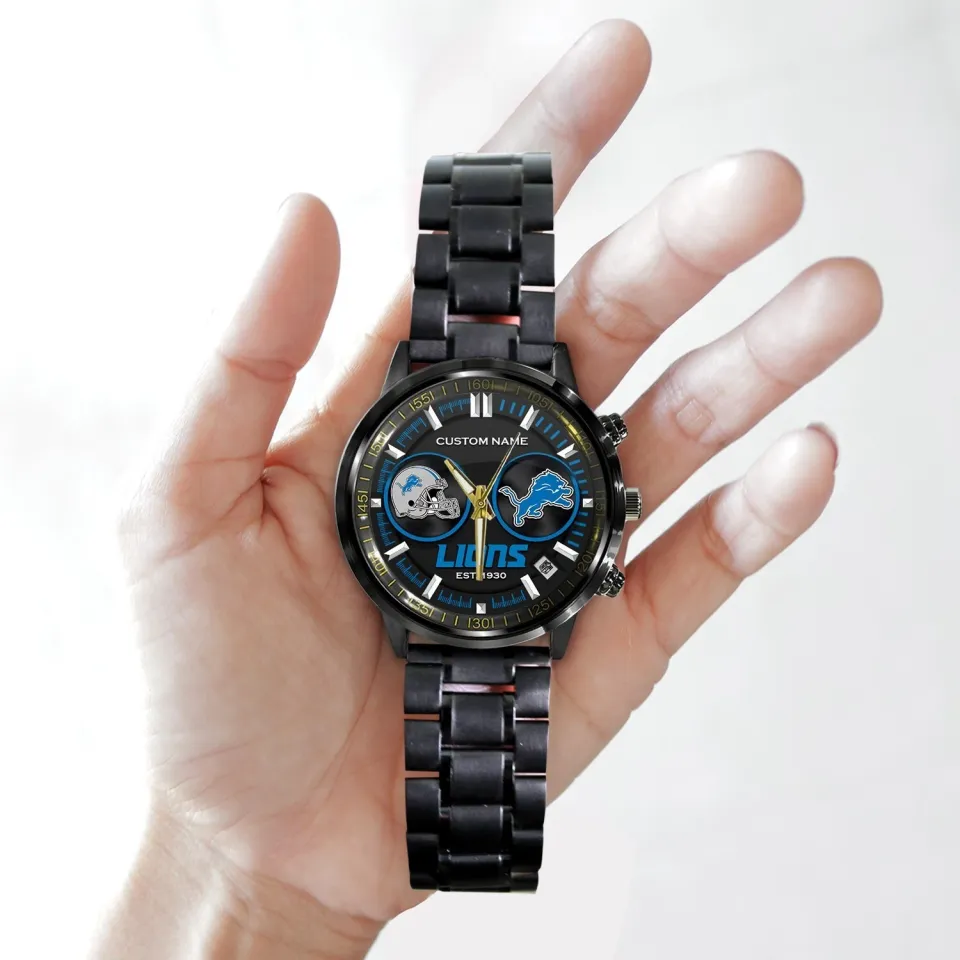 Personalized Detroit Football Team Lionss Black Stainless Steel Watch For Men