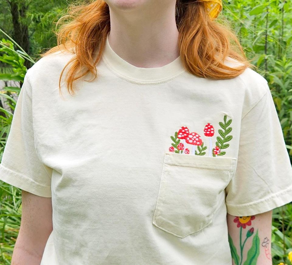 Mushroom Embroidered Pocket T-Shirt