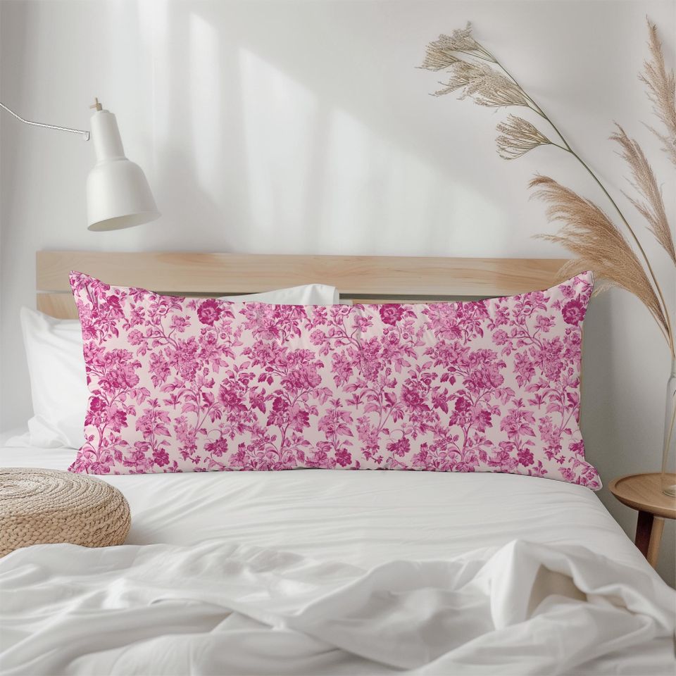 Hot Pink Toile Body Pillow Cover, Chinoiseries Wildflower Shabby Chic Body Pillow Case