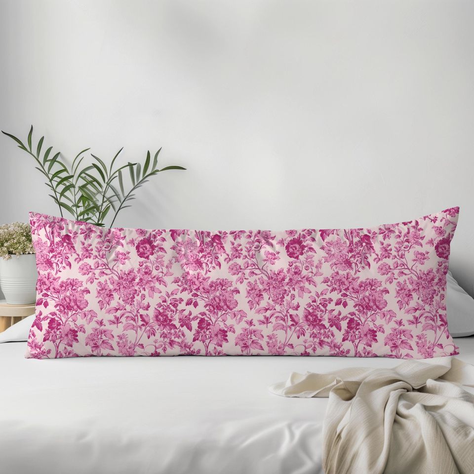 Hot Pink Toile Body Pillow Cover, Chinoiseries Wildflower Shabby Chic Body Pillow Case
