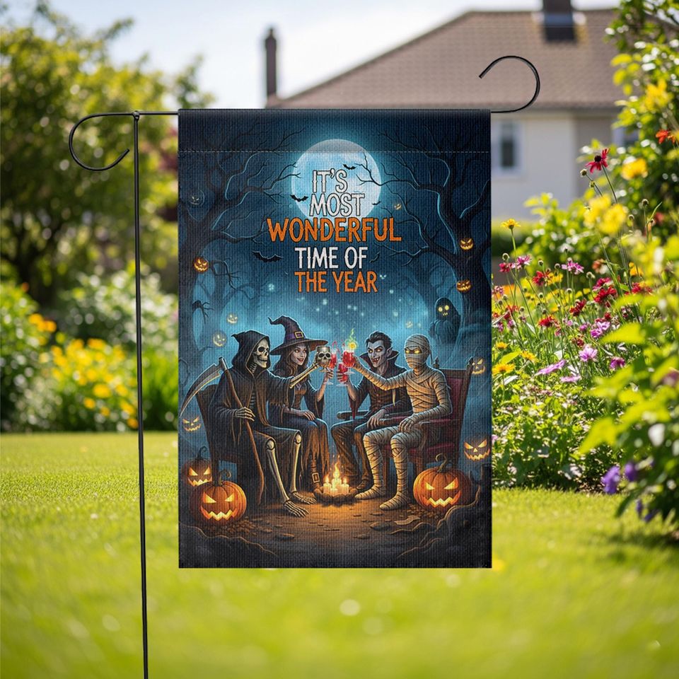 Halloween Campfire Garden Flag, Grim Reaper Vampire Witch Mummy, Spooky Fall Yard Decor